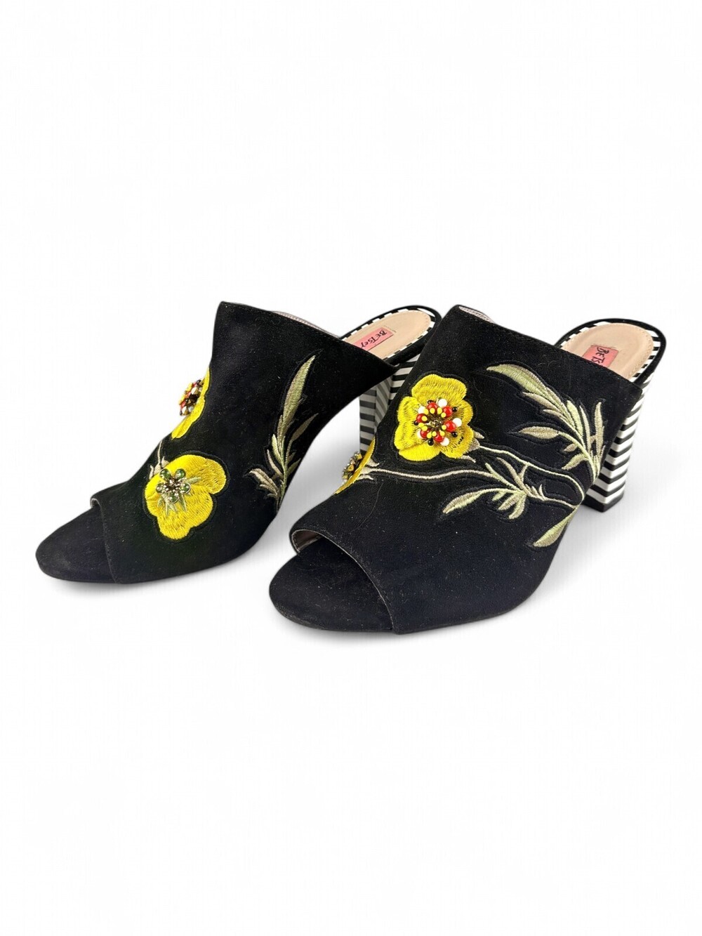 Betsey Johnson Embroidered Black Suede Peep Toe Block Heel Mules 8